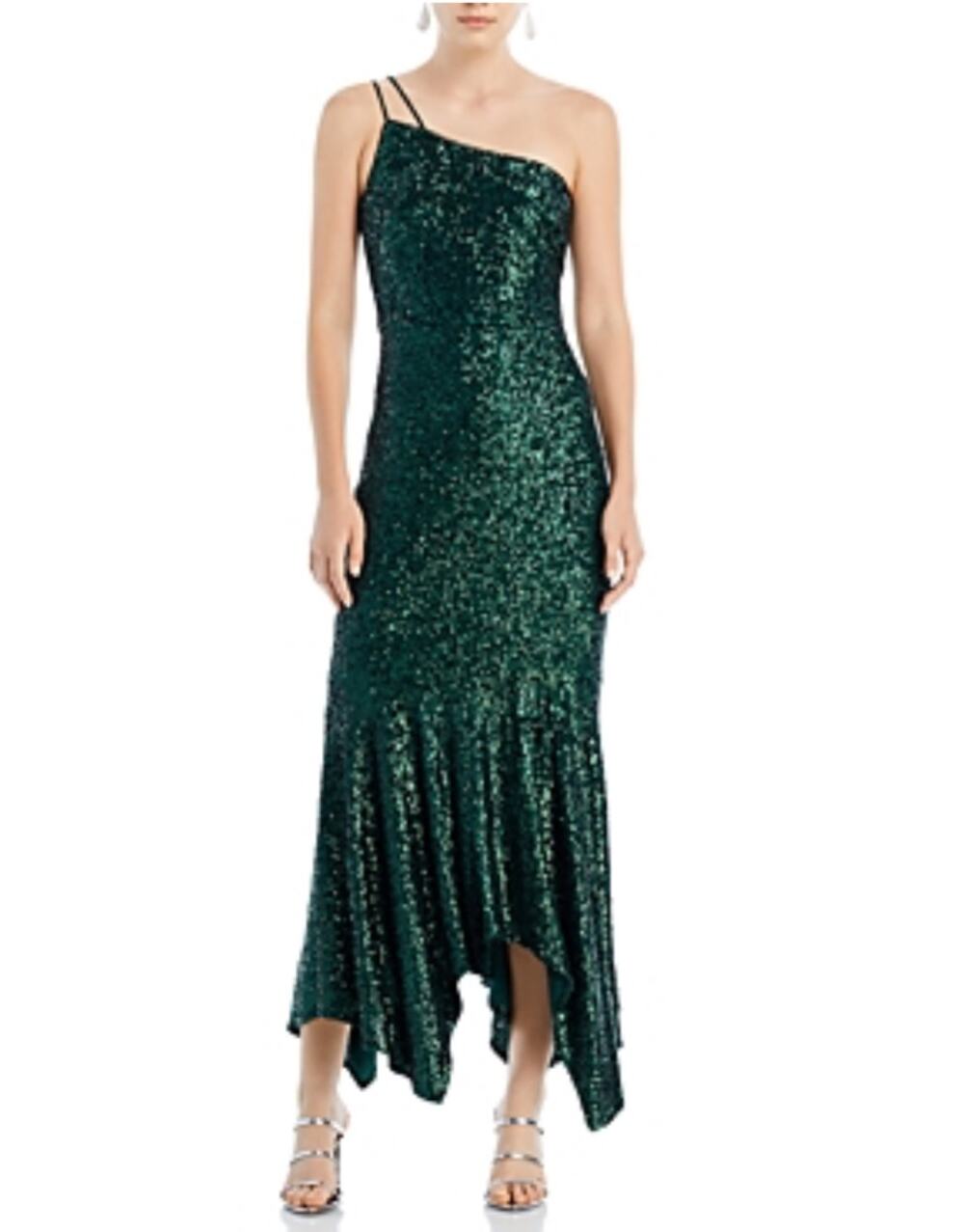 AQUA Green Evening Gown Sequined Strappy One Shoulder High Low Dress Size 8
